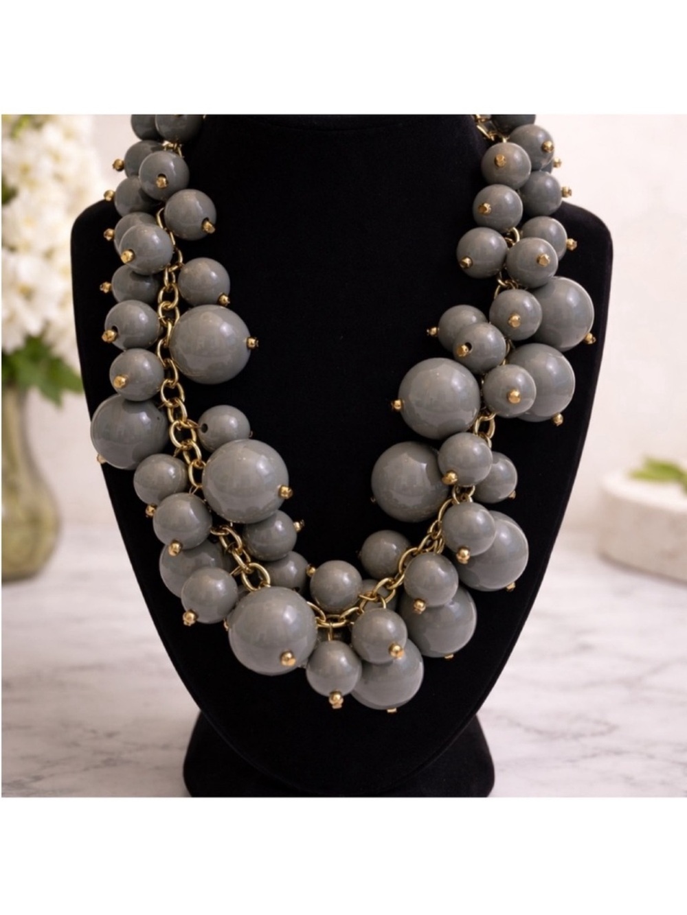 Vintage Statement Grey Bead Cluster Necklace - Unbranded